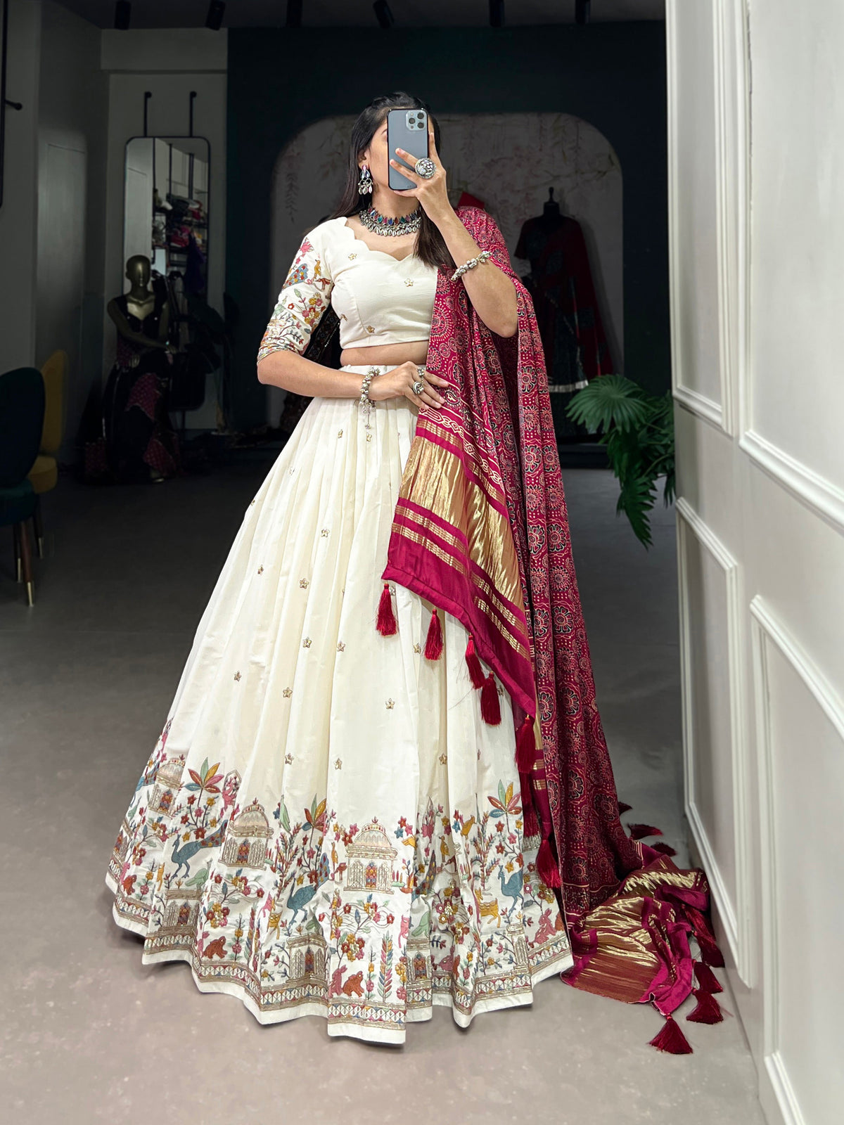 Lorenvalley Off White Khadi cotton Sequins And Thread Embroidery Work Lehenga Choli | Grocsy