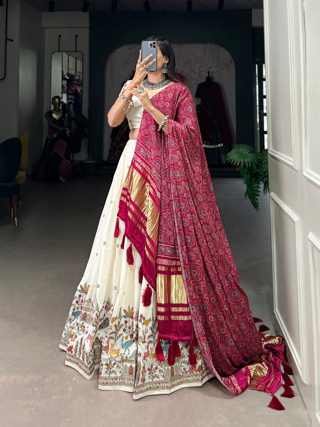 Lorenvalley Off White Khadi cotton Sequins And Thread Embroidery Work Lehenga Choli | Grocsy
