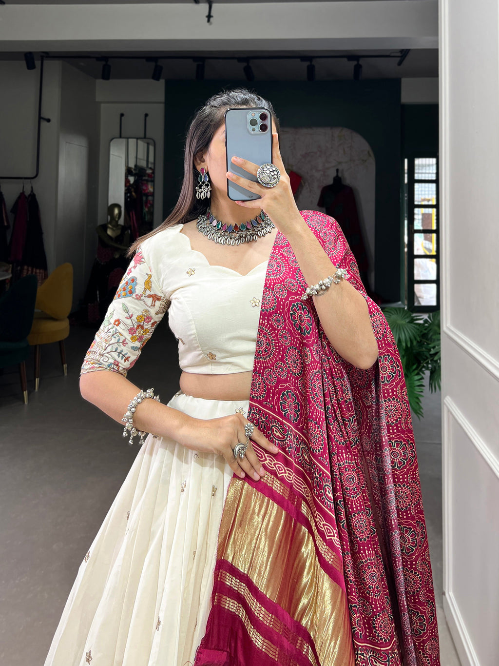 Lorenvalley Off White Khadi cotton Sequins And Thread Embroidery Work Lehenga Choli | Grocsy