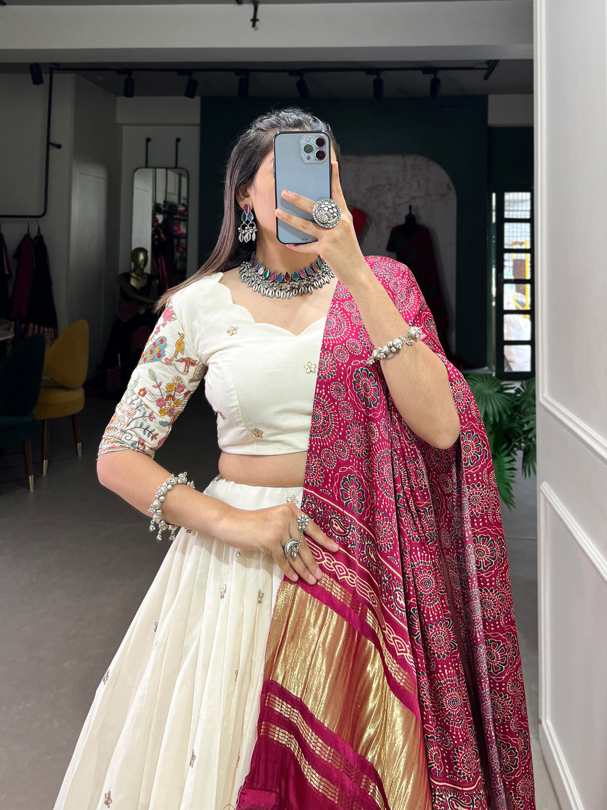 Lorenvalley Off White Khadi cotton Sequins And Thread Embroidery Work Lehenga Choli | Grocsy