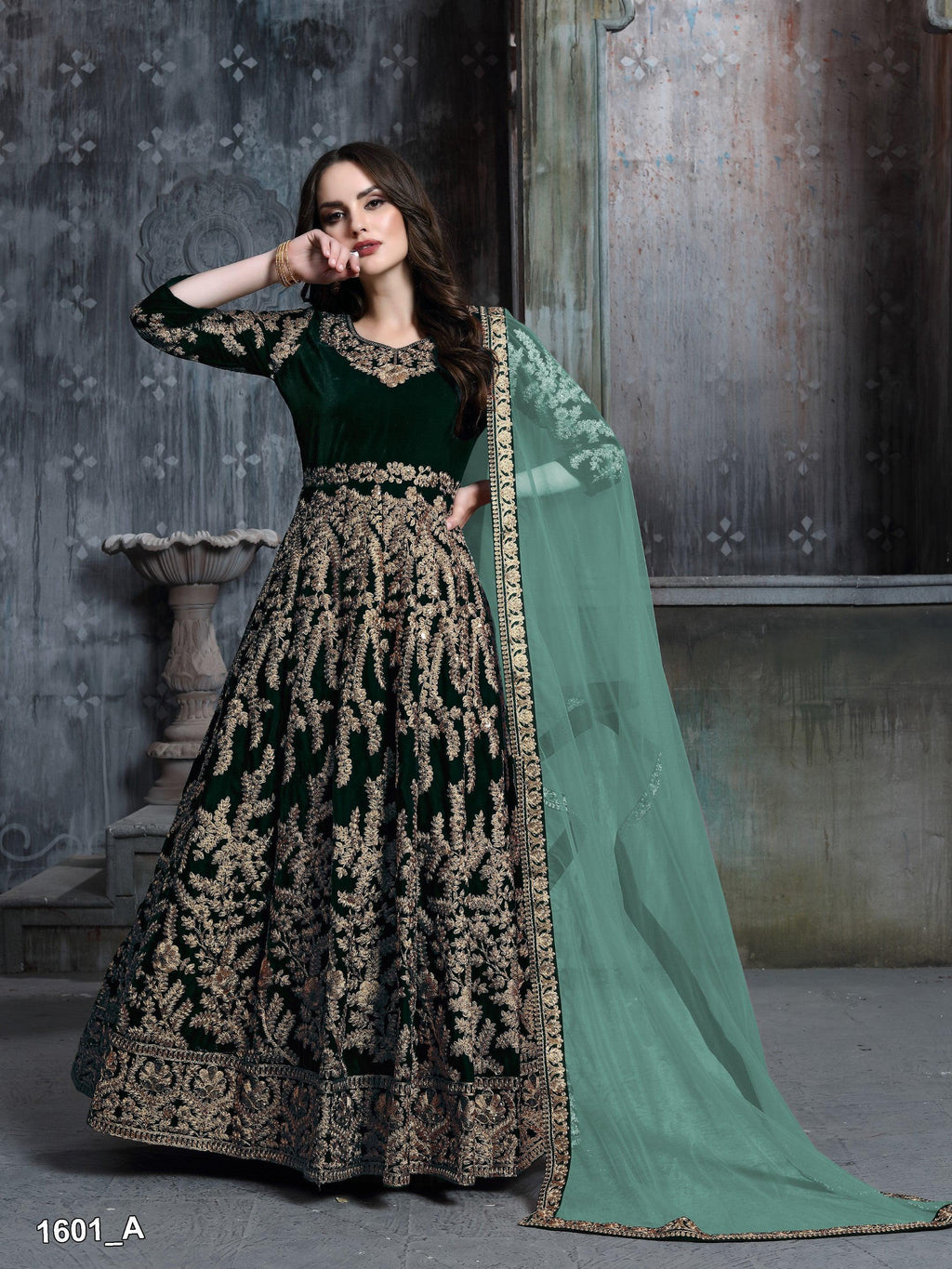 Anaita Dark Green Embroidered Velvet Patiala Suit | Grocsy
