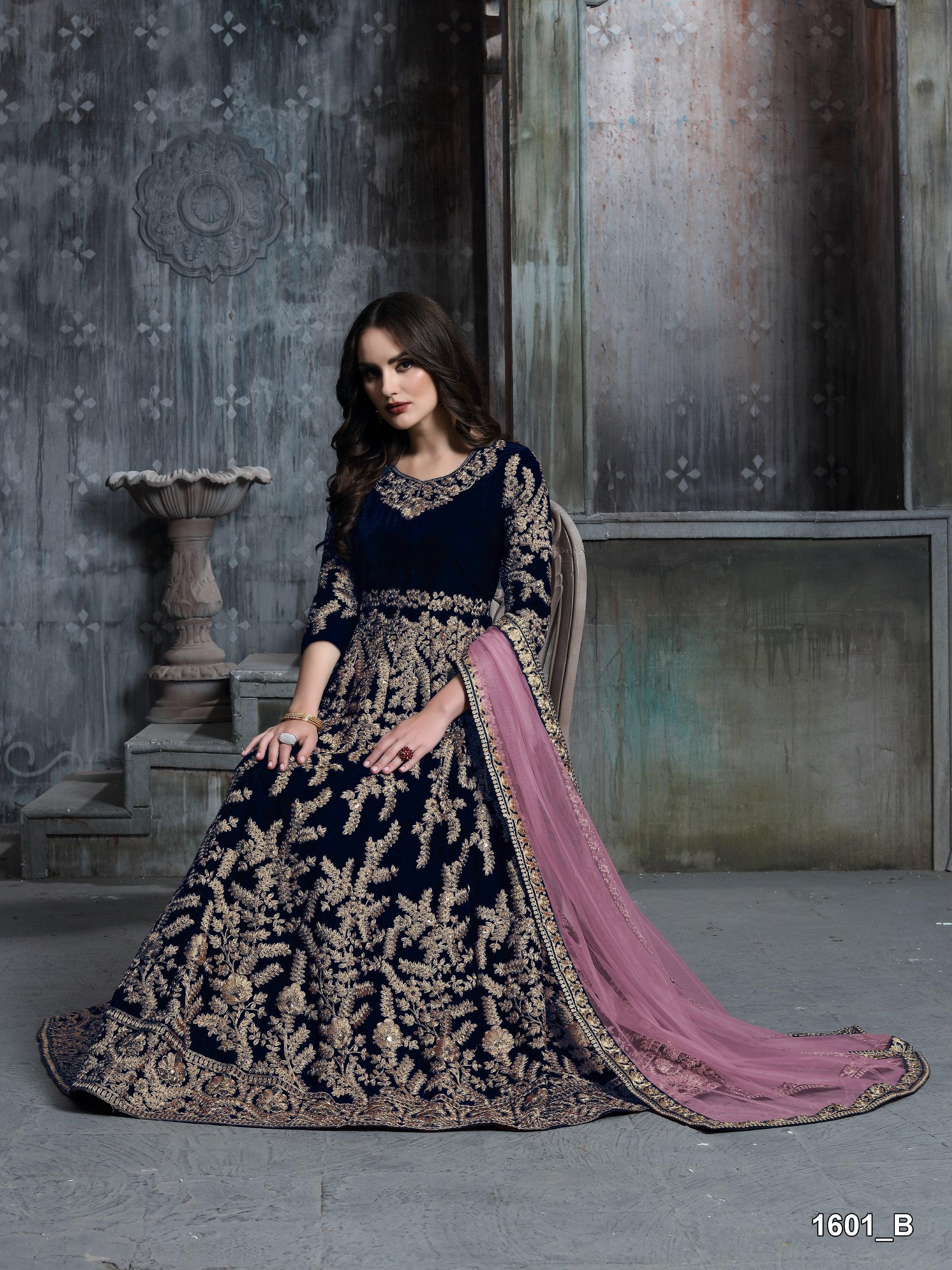 Anaita Navy Blue Embroidered Velvet Patiala Suit | Grocsy