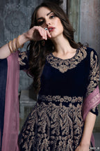 Anaita Navy Blue Embroidered Velvet Patiala Suit | Grocsy