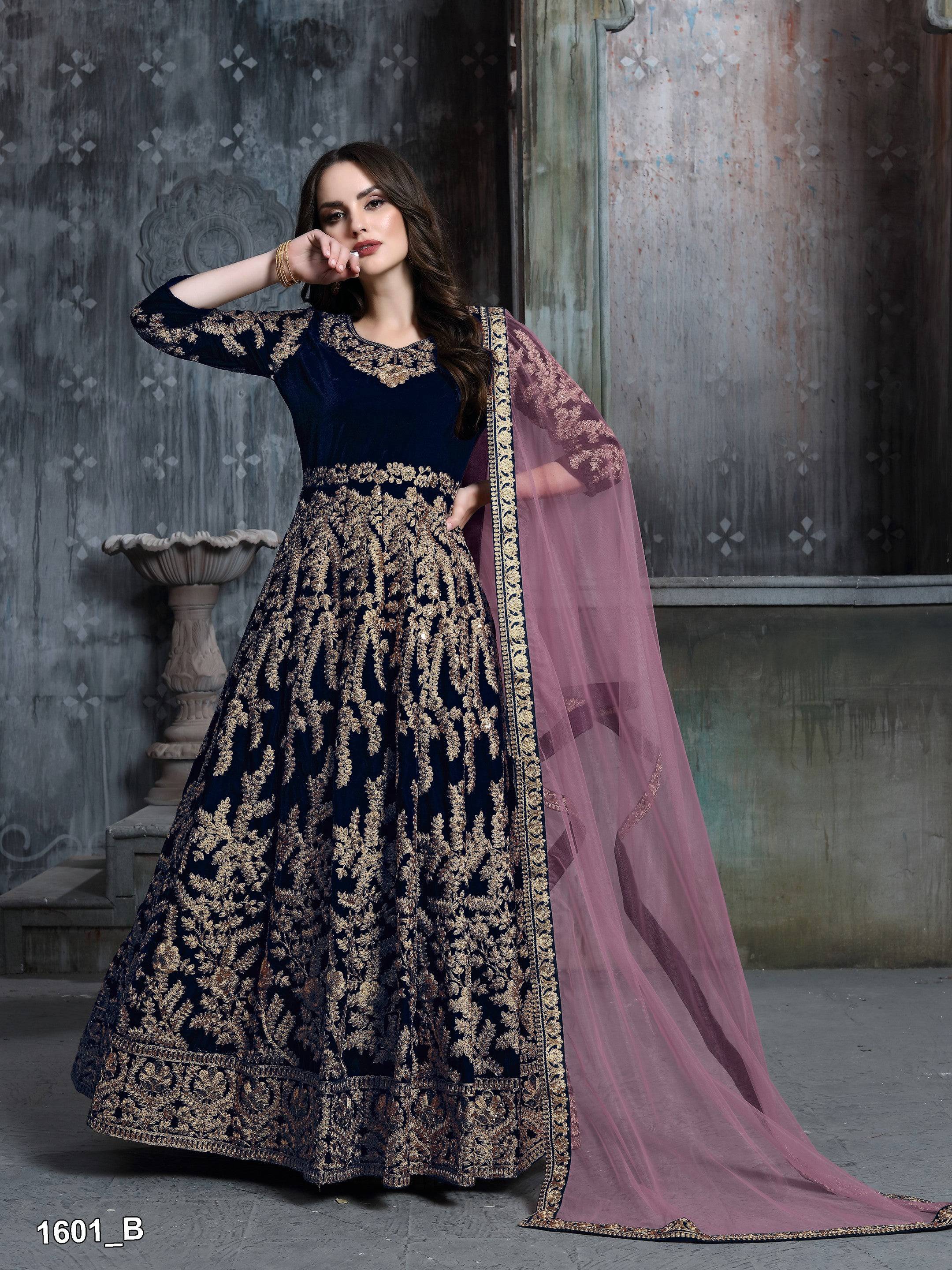 Anaita Navy Blue Embroidered Velvet Patiala Suit | Grocsy