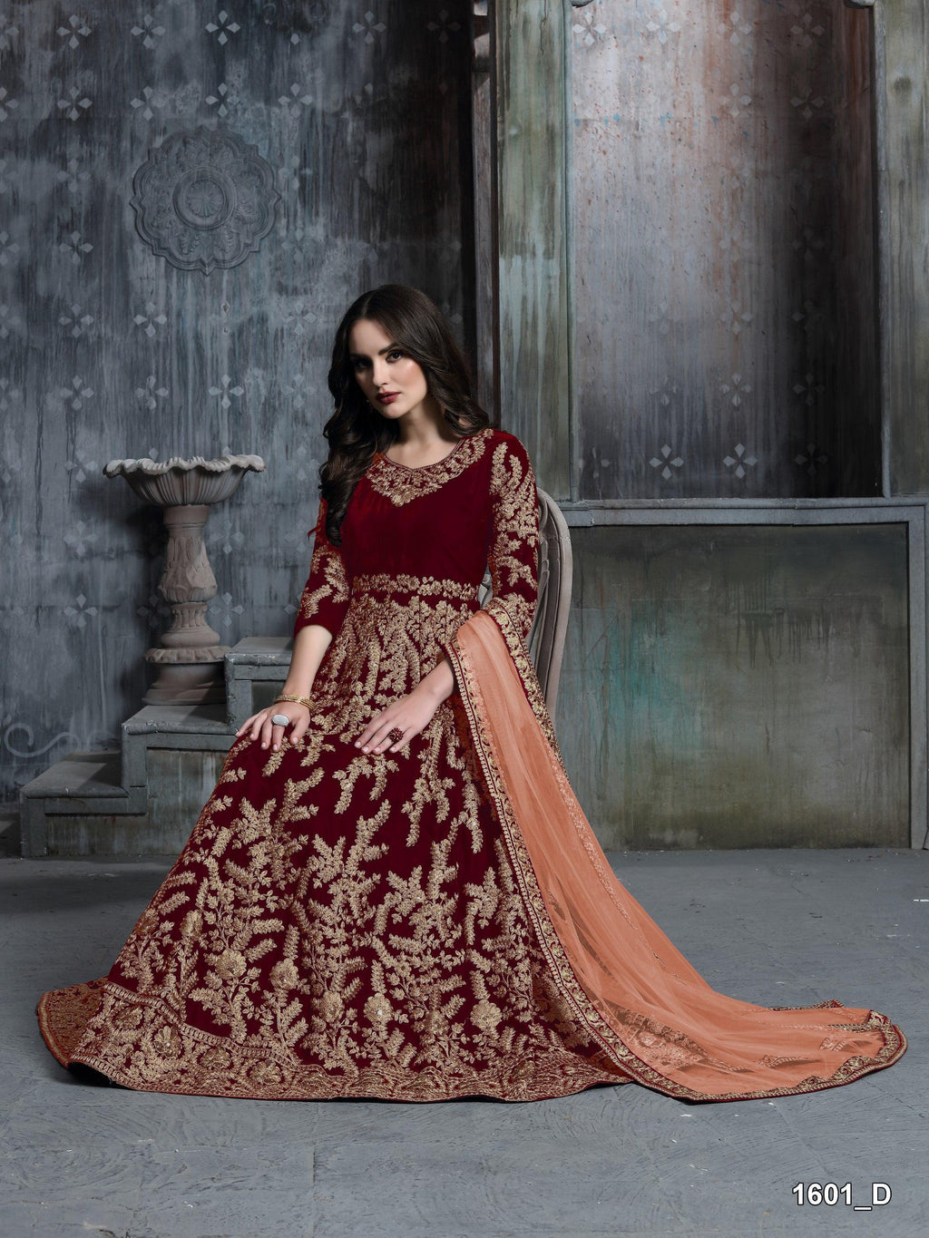 Anaita Maroon Embroidered Velvet Patiala Suit | Grocsy