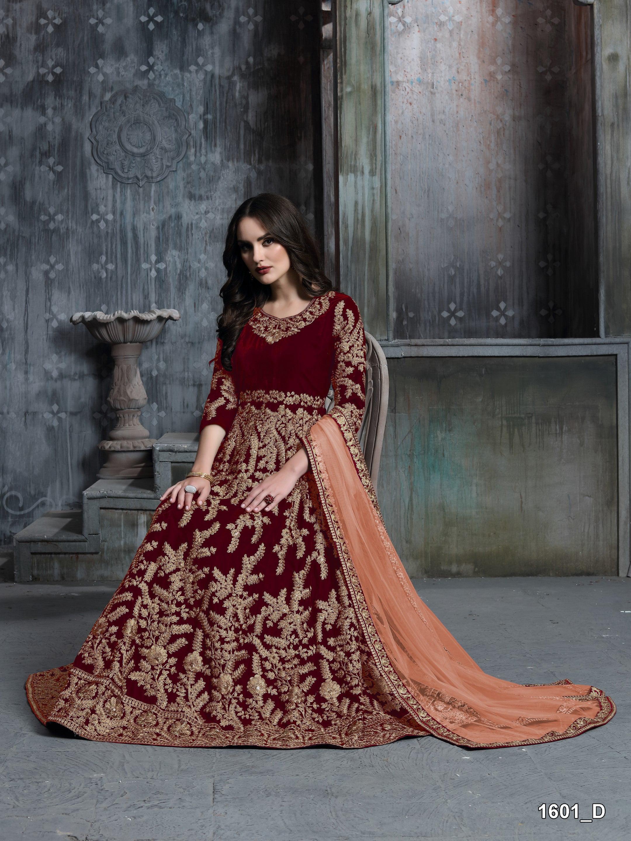 Anaita Maroon Embroidered Velvet Patiala Suit | Grocsy