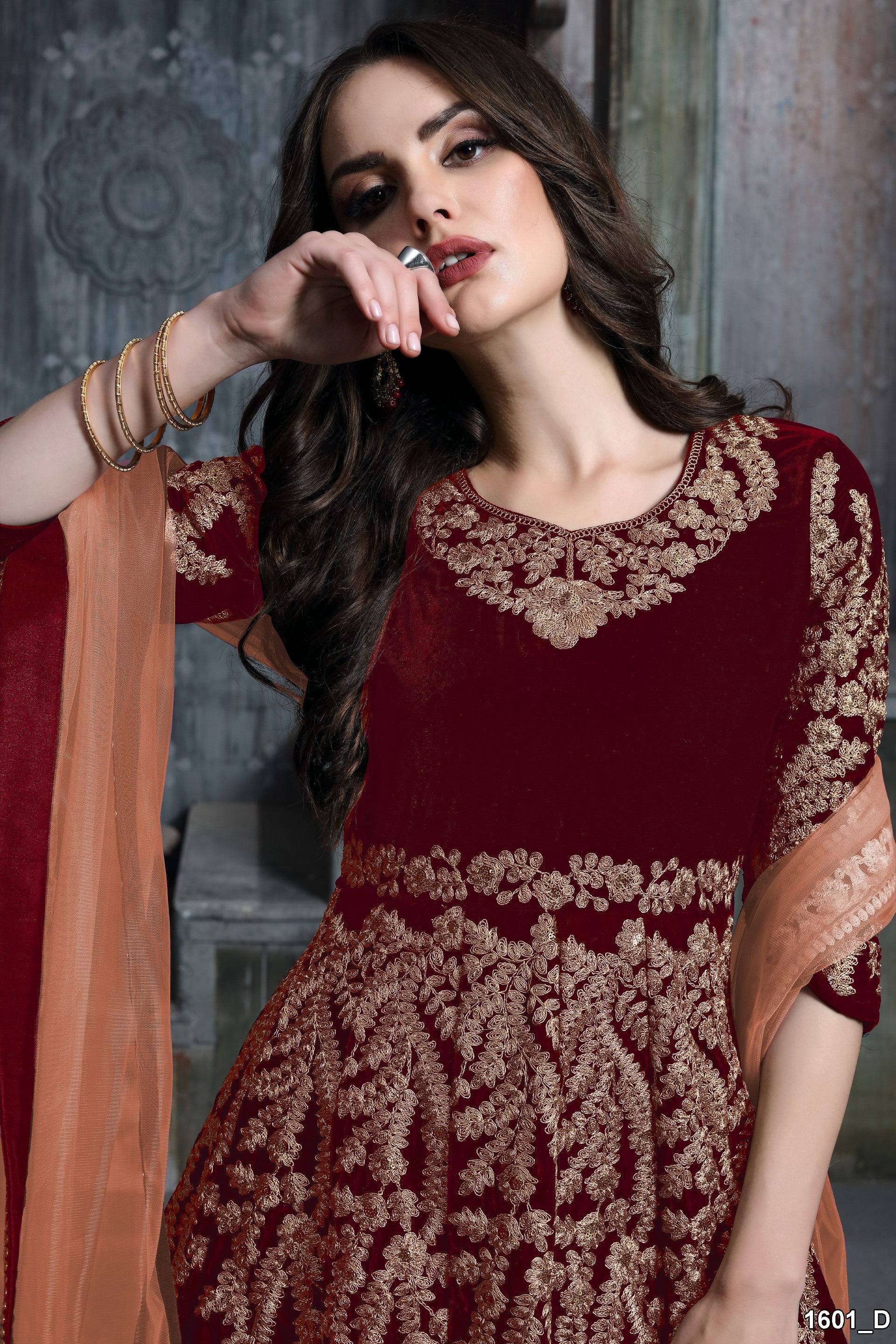 Anaita Maroon Embroidered Velvet Patiala Suit | Grocsy
