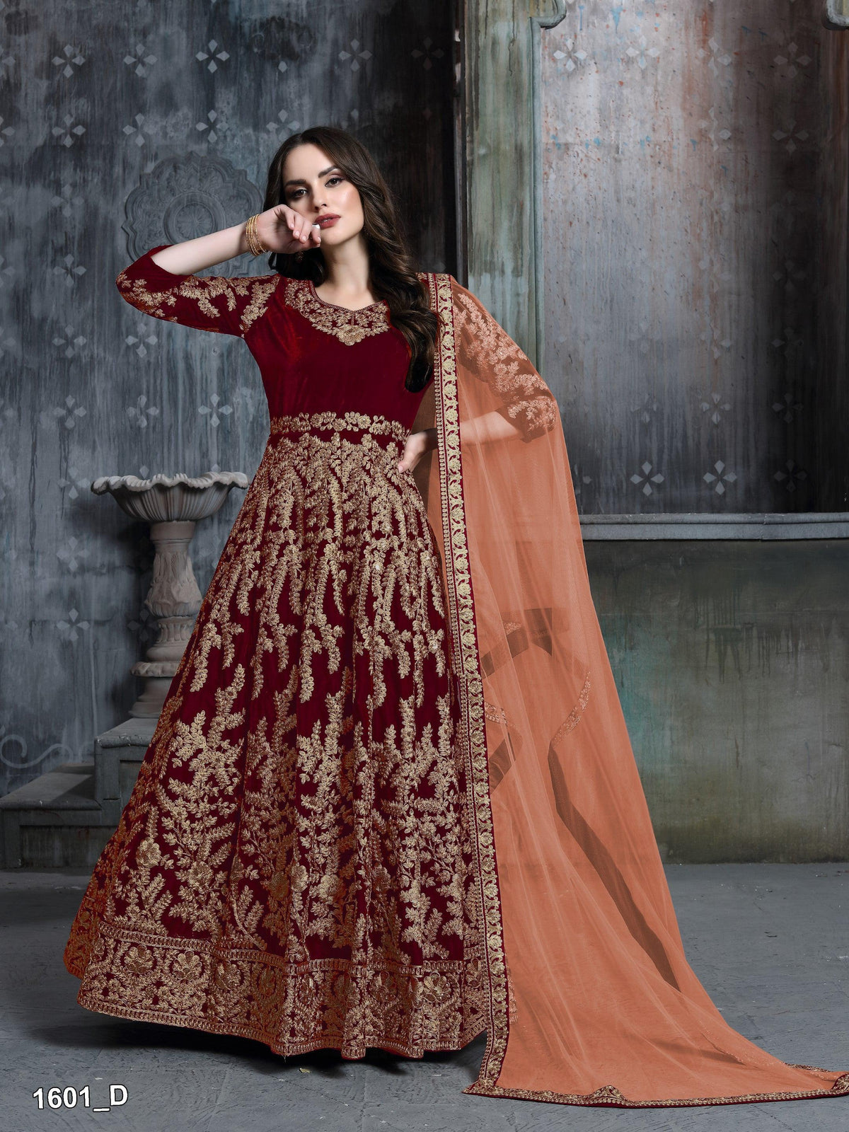 Anaita Maroon Embroidered Velvet Patiala Suit | Grocsy