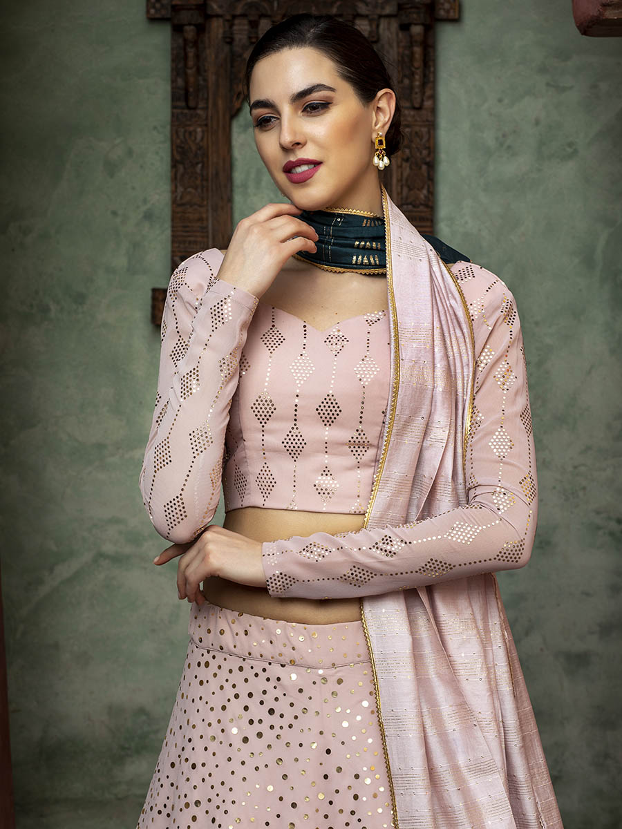 Myra Dusty Pink Georgette Embroidered Designer Lehenga | Grocsy