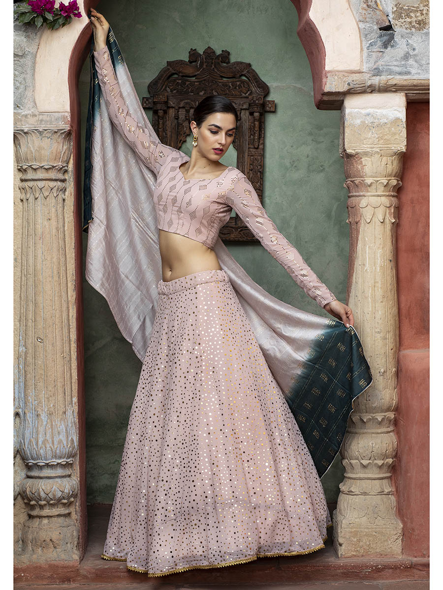 Myra Dusty Pink Georgette Embroidered Designer Lehenga | Grocsy