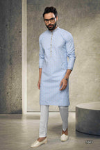 Raivat Ethnic Cotton Printed Work Kurta Pajama In Sky Blue Colour | Grocsy