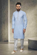 Raivat Ethnic Cotton Printed Work Kurta Pajama In Sky Blue Colour | Grocsy