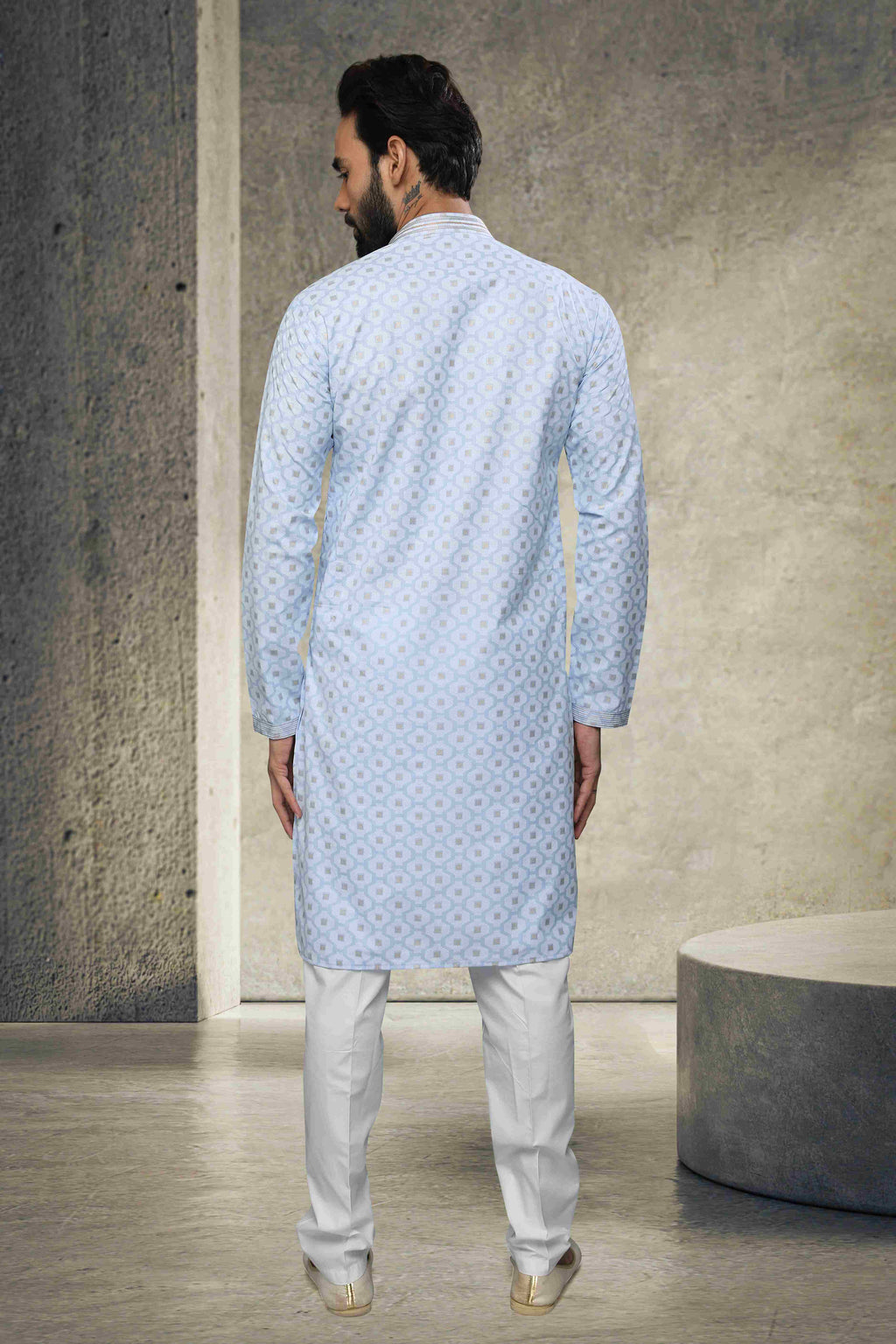 Raivat Ethnic Cotton Printed Work Kurta Pajama In Sky Blue Colour | Grocsy