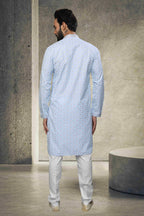 Raivat Ethnic Cotton Printed Work Kurta Pajama In Sky Blue Colour | Grocsy