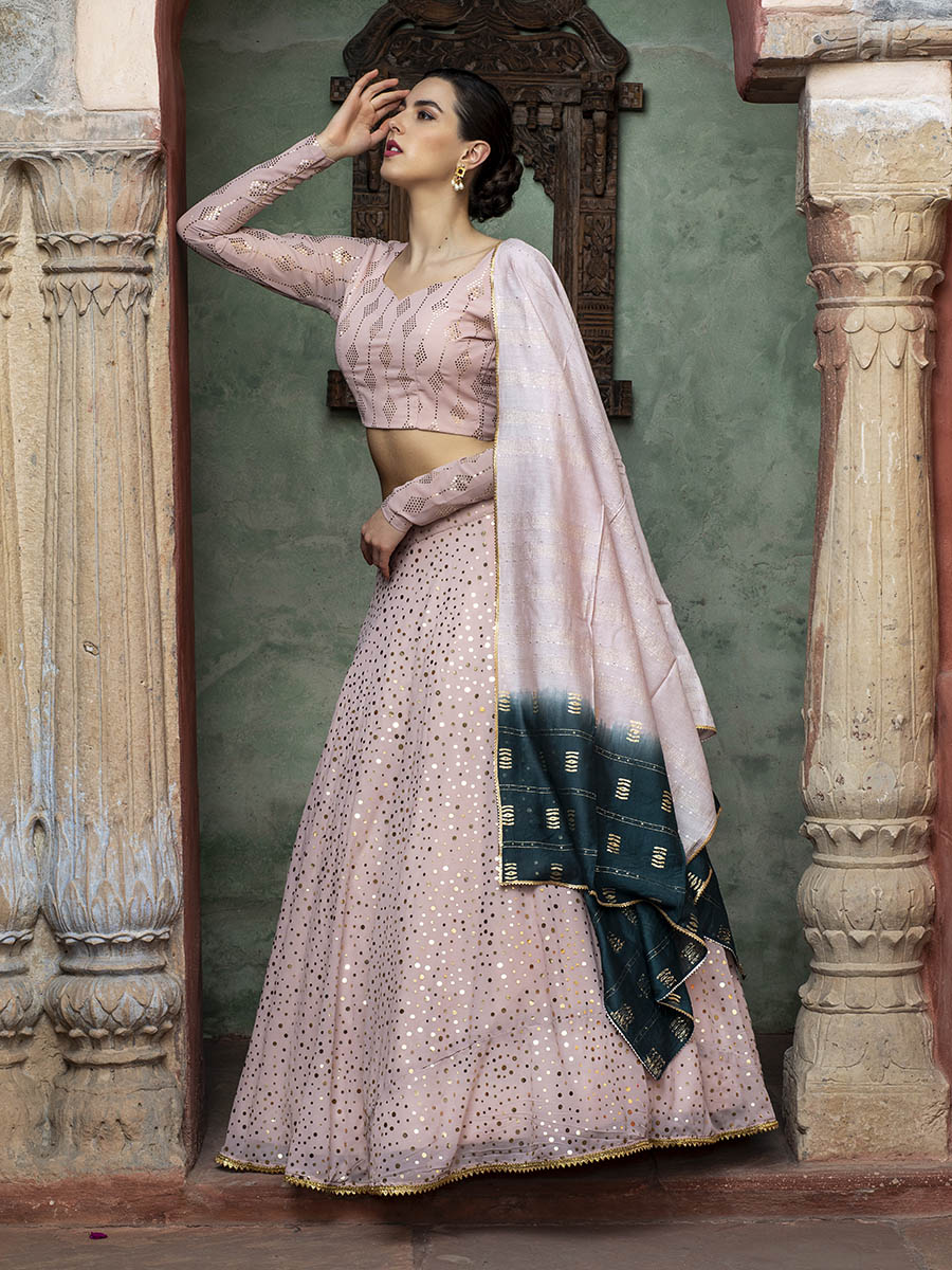 Myra Dusty Pink Georgette Embroidered Designer Lehenga | Grocsy