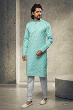 Raivat Ethnic Cotton Printed Work Kurta Pajama In Sea Green Colour | Grocsy