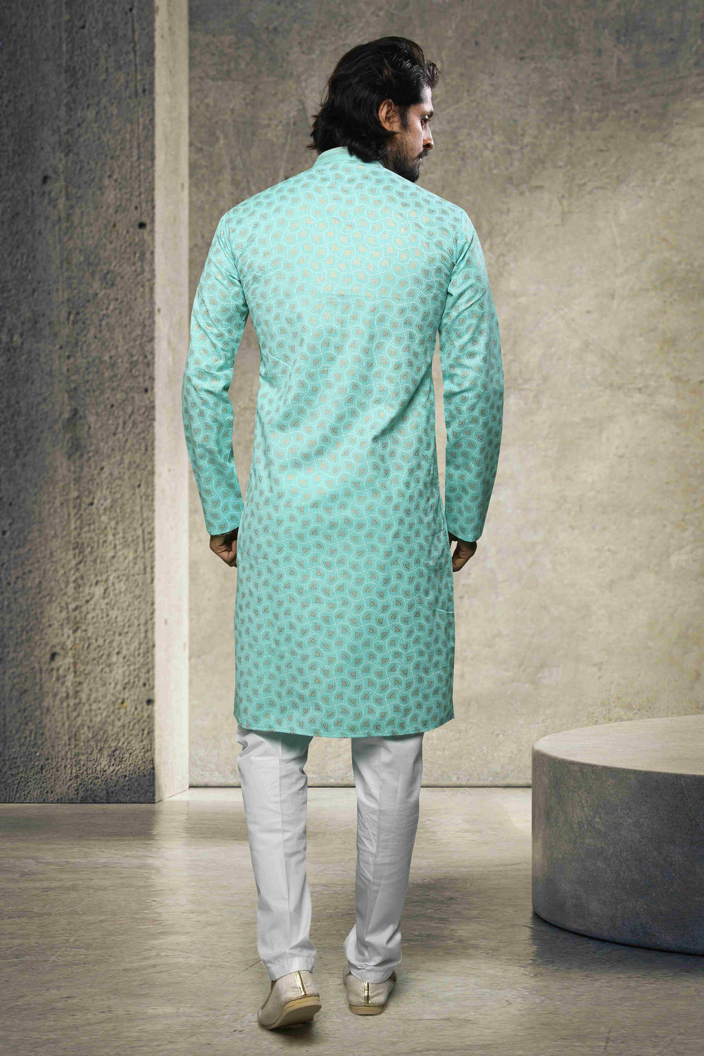 Raivat Ethnic Cotton Printed Work Kurta Pajama In Sea Green Colour | Grocsy
