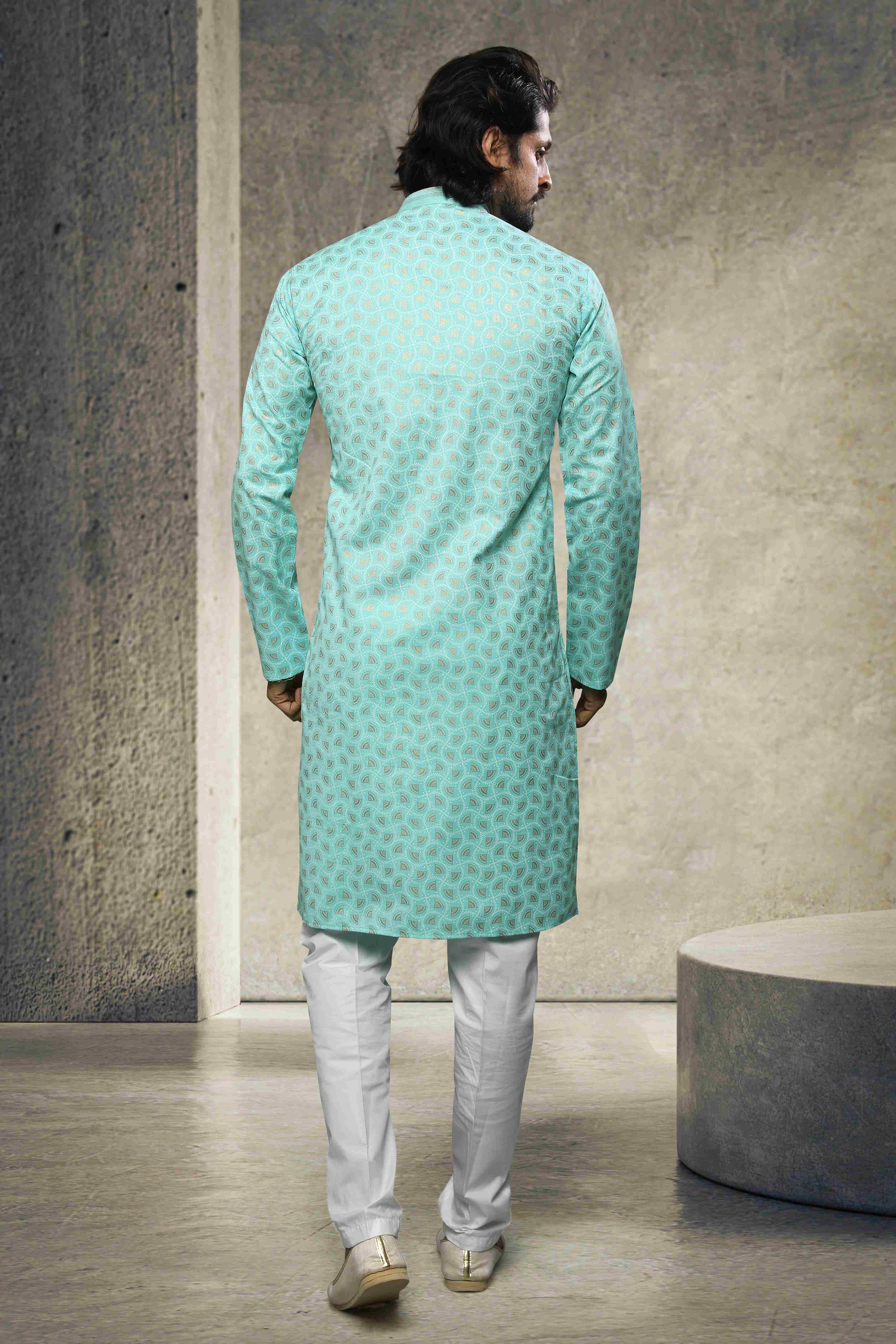 Raivat Ethnic Cotton Printed Work Kurta Pajama In Sea Green Colour | Grocsy