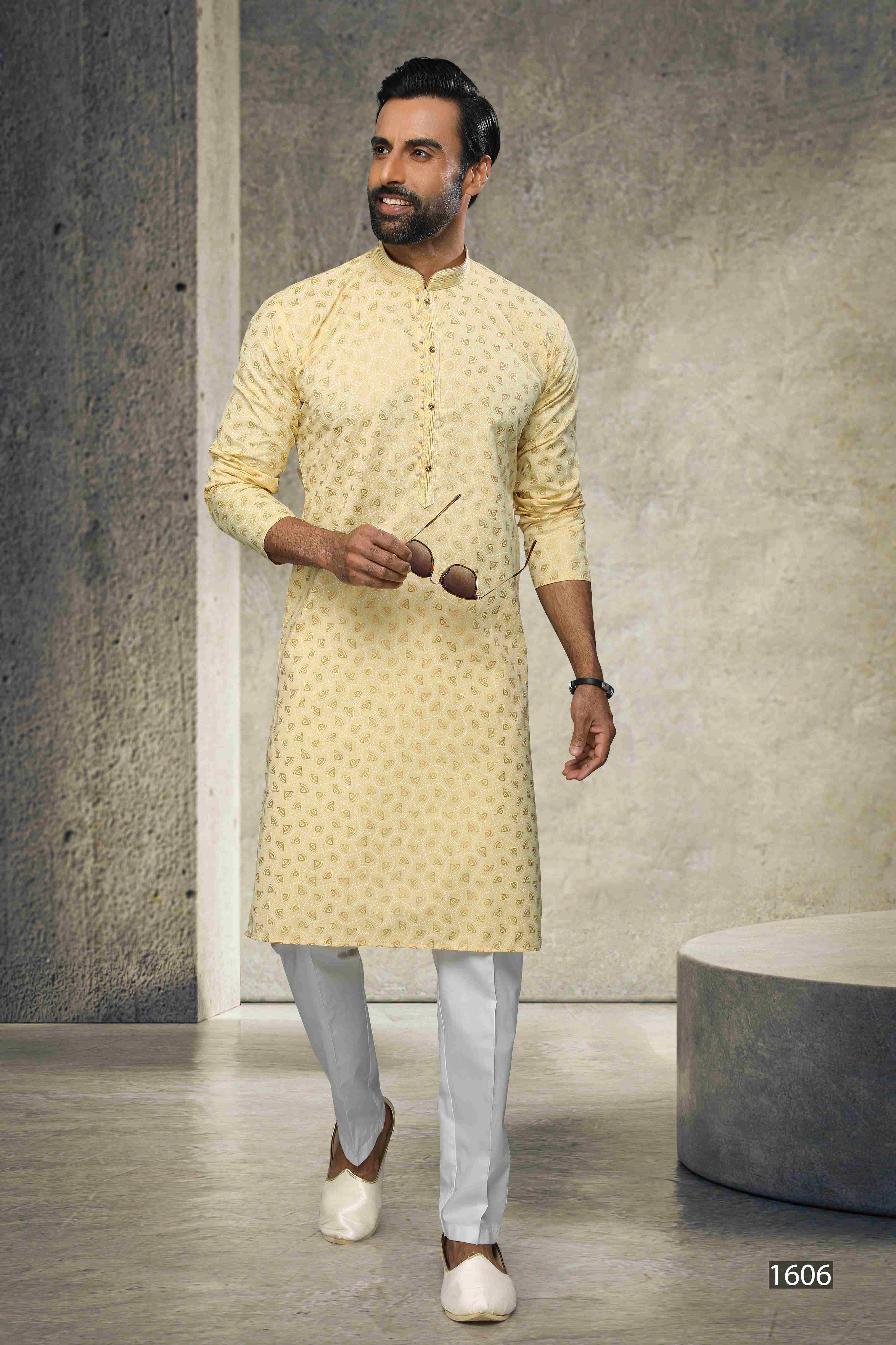Raivat Ethnic Cotton Printed Work Kurta Pajama In Yellow Colour | Grocsy