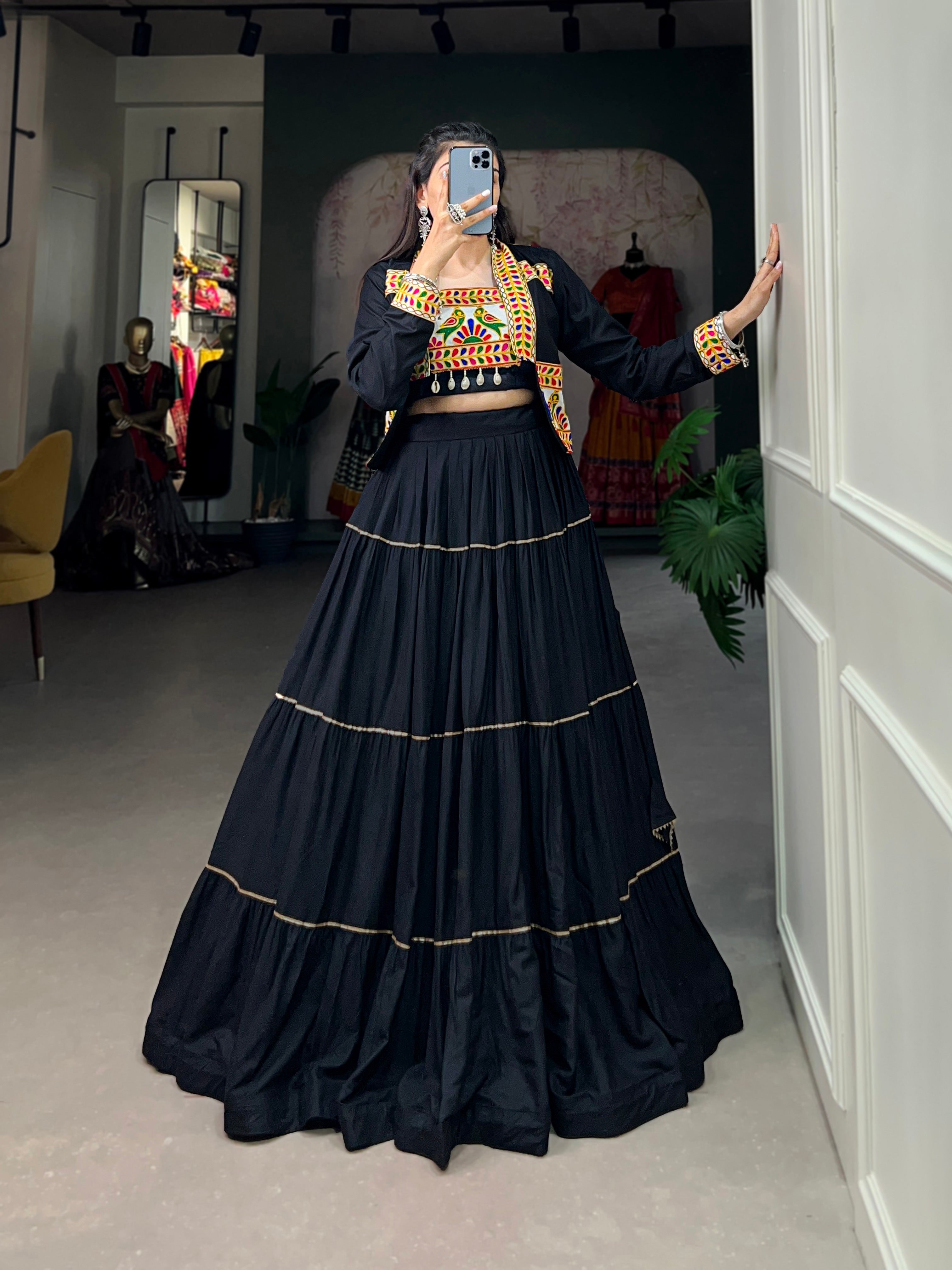 Lorenvalley Fashion Black Pure Rayon Plain With Gota Patti Touch Up Lehenga Choli with Koti | Grocsy
