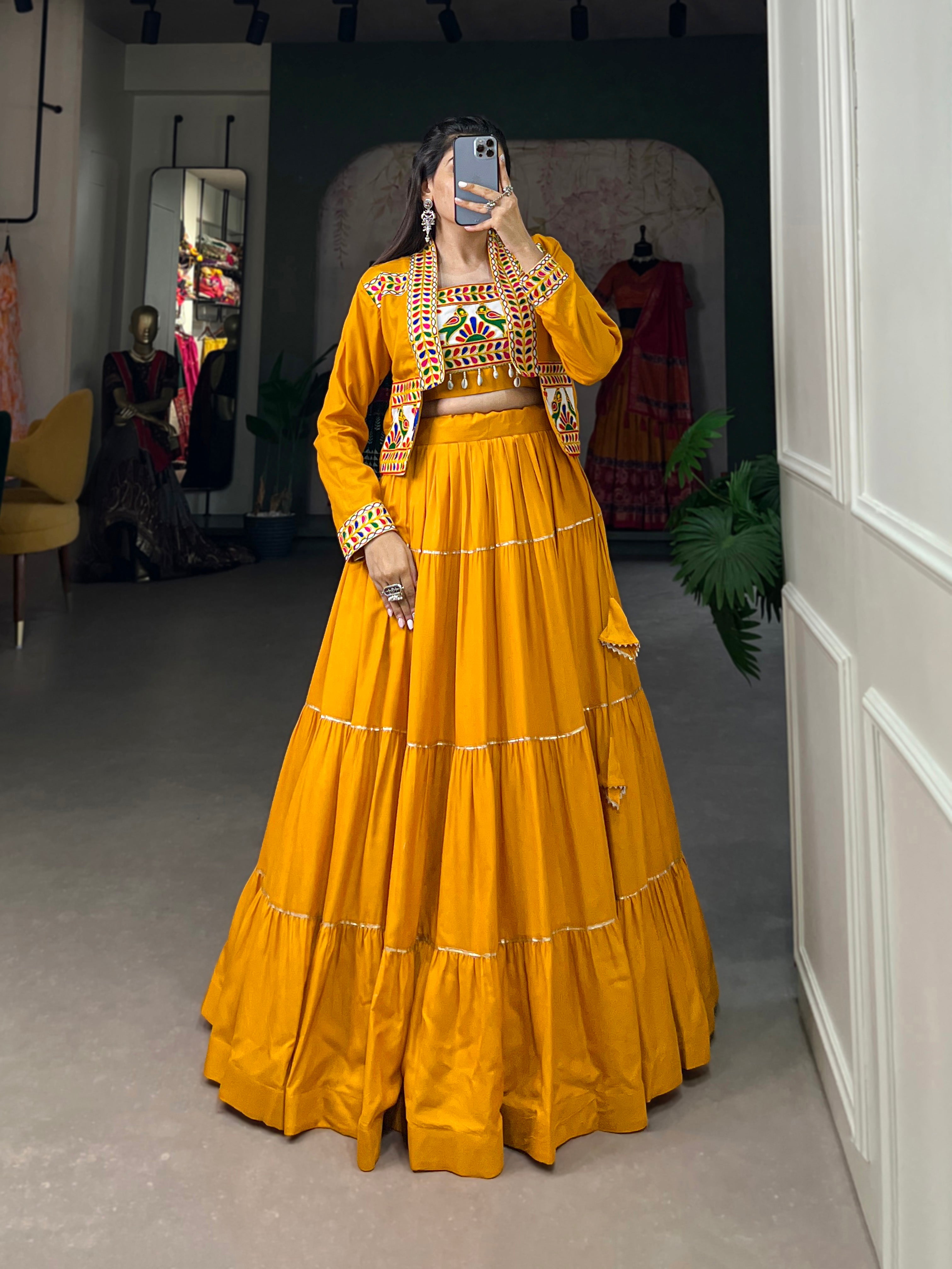 Lorenvalley Fashion Mustard Pure Rayon Plain With Gota Patti Touch Up Lehenga Choli with Koti | Grocsy