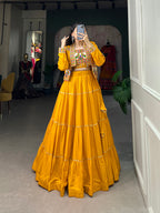 Lorenvalley Fashion Mustard Pure Rayon Plain With Gota Patti Touch Up Lehenga Choli with Koti | Grocsy