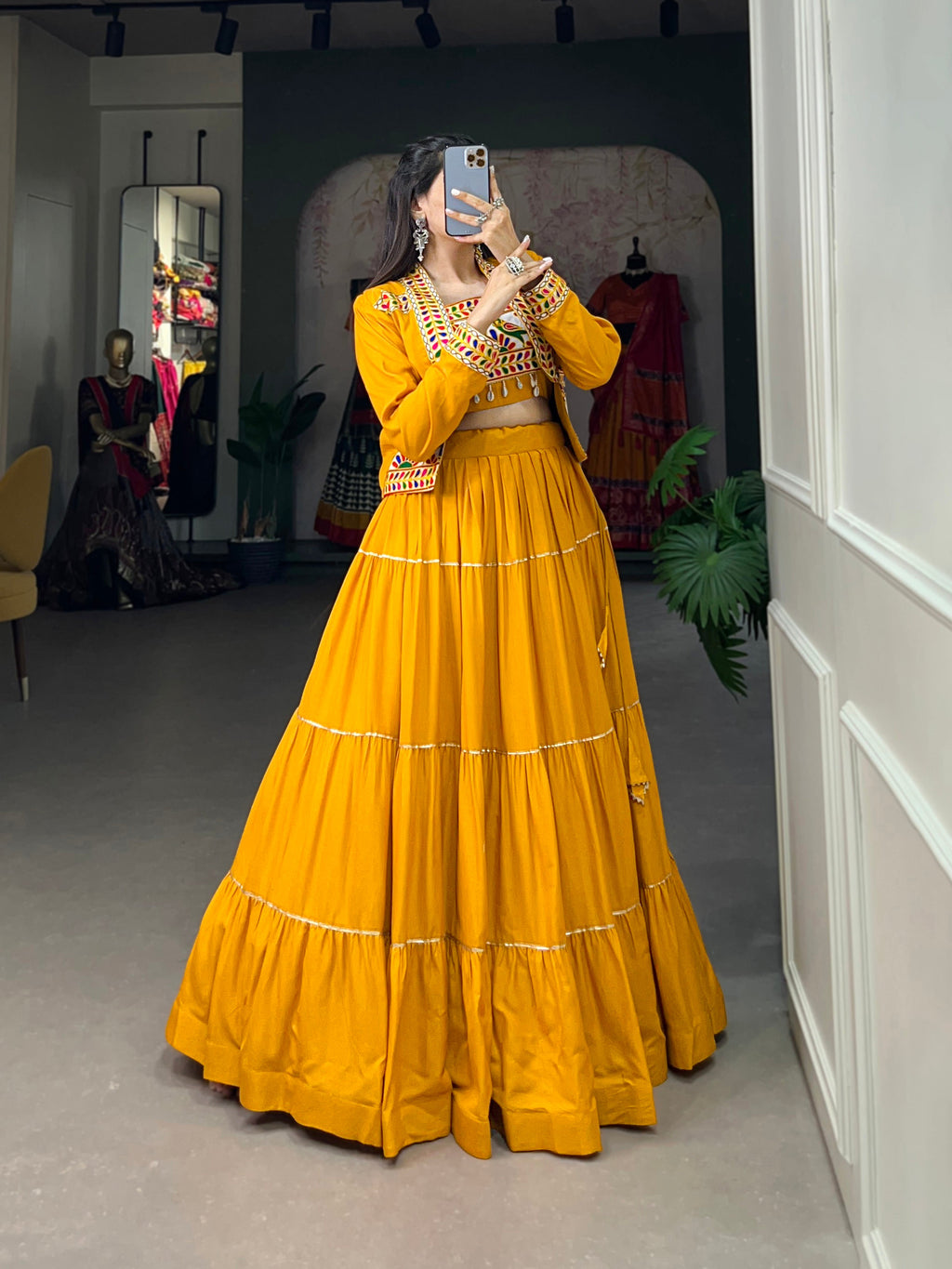 Lorenvalley Fashion Mustard Pure Rayon Plain With Gota Patti Touch Up Lehenga Choli with Koti | Grocsy