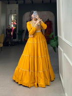 Lorenvalley Fashion Mustard Pure Rayon Plain With Gota Patti Touch Up Lehenga Choli with Koti | Grocsy