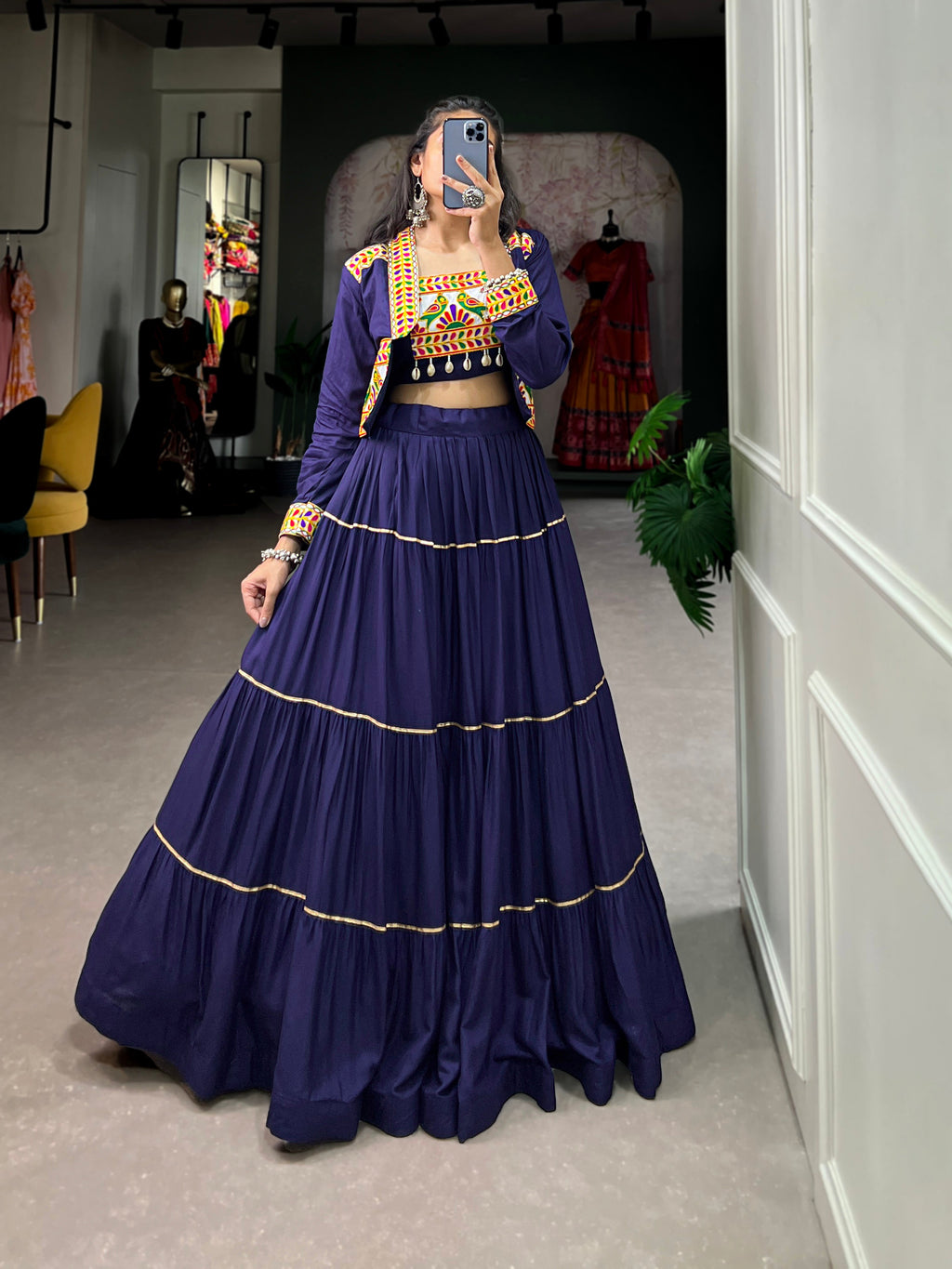 Lorenvalley Fashion Navyblue Pure Rayon Plain With Gota Patti Touch Up Lehenga Choli with Koti | Grocsy
