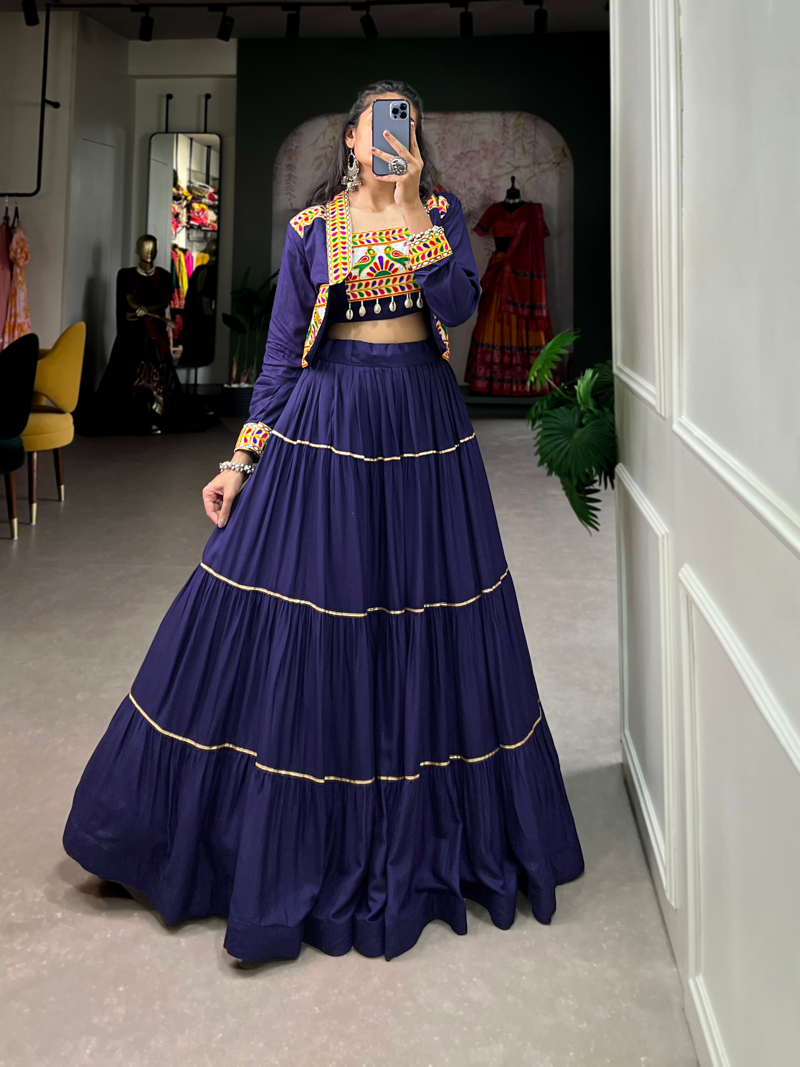 Lorenvalley Fashion Navyblue Pure Rayon Plain With Gota Patti Touch Up Lehenga Choli with Koti | Grocsy