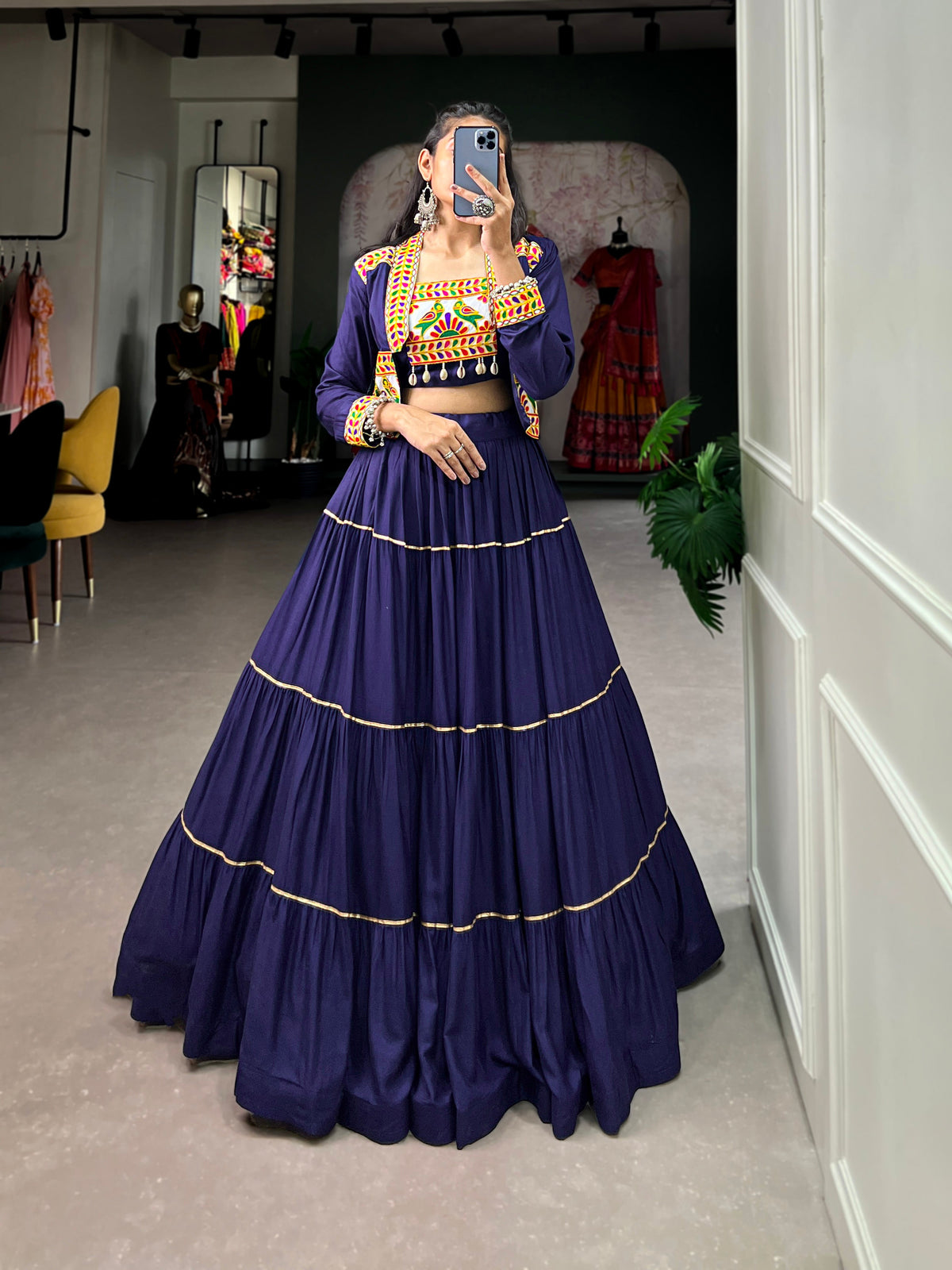 Lorenvalley Fashion Navyblue Pure Rayon Plain With Gota Patti Touch Up Lehenga Choli with Koti | Grocsy
