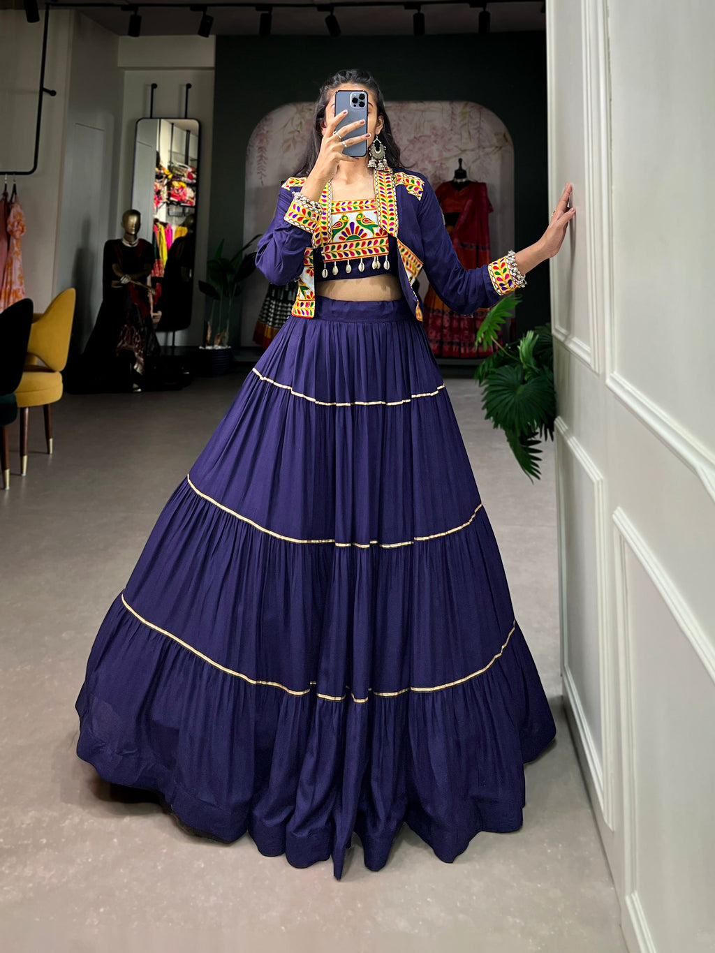 Lorenvalley Fashion Navyblue Pure Rayon Plain With Gota Patti Touch Up Lehenga Choli with Koti | Grocsy