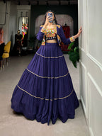 Lorenvalley Fashion Navyblue Pure Rayon Plain With Gota Patti Touch Up Lehenga Choli with Koti | Grocsy