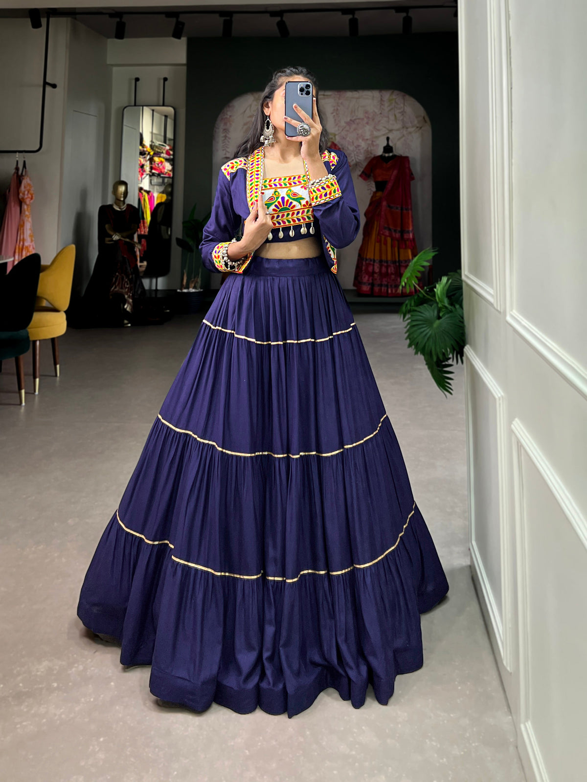 Lorenvalley Fashion Navyblue Pure Rayon Plain With Gota Patti Touch Up Lehenga Choli with Koti | Grocsy
