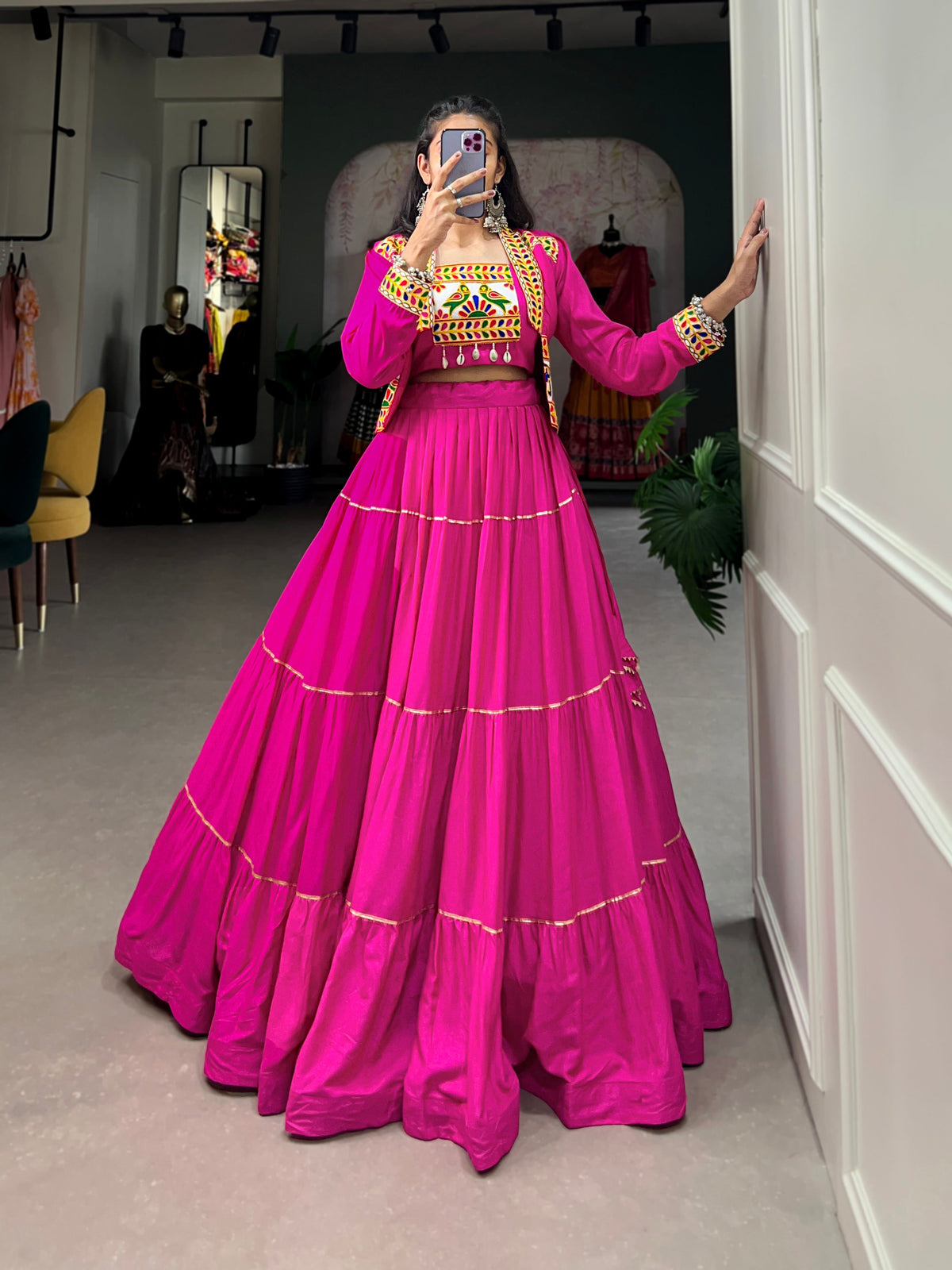 Lorenvalley Fashion Pink Pure Rayon Plain With Gota Patti Touch Up Lehenga Choli with Koti | Grocsy