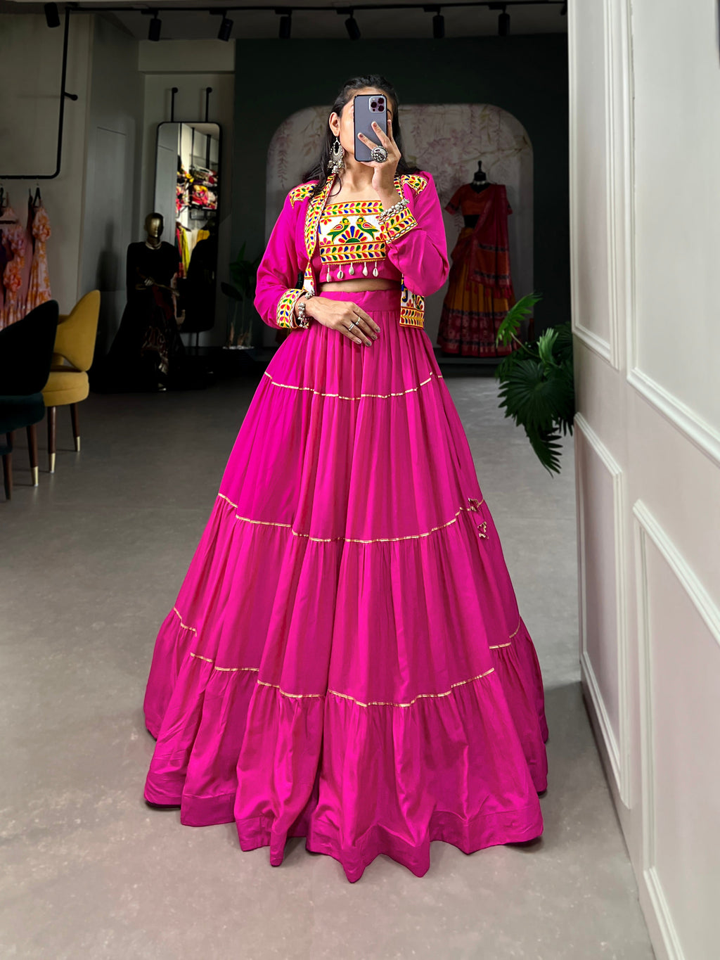 Lorenvalley Fashion Pink Pure Rayon Plain With Gota Patti Touch Up Lehenga Choli with Koti | Grocsy