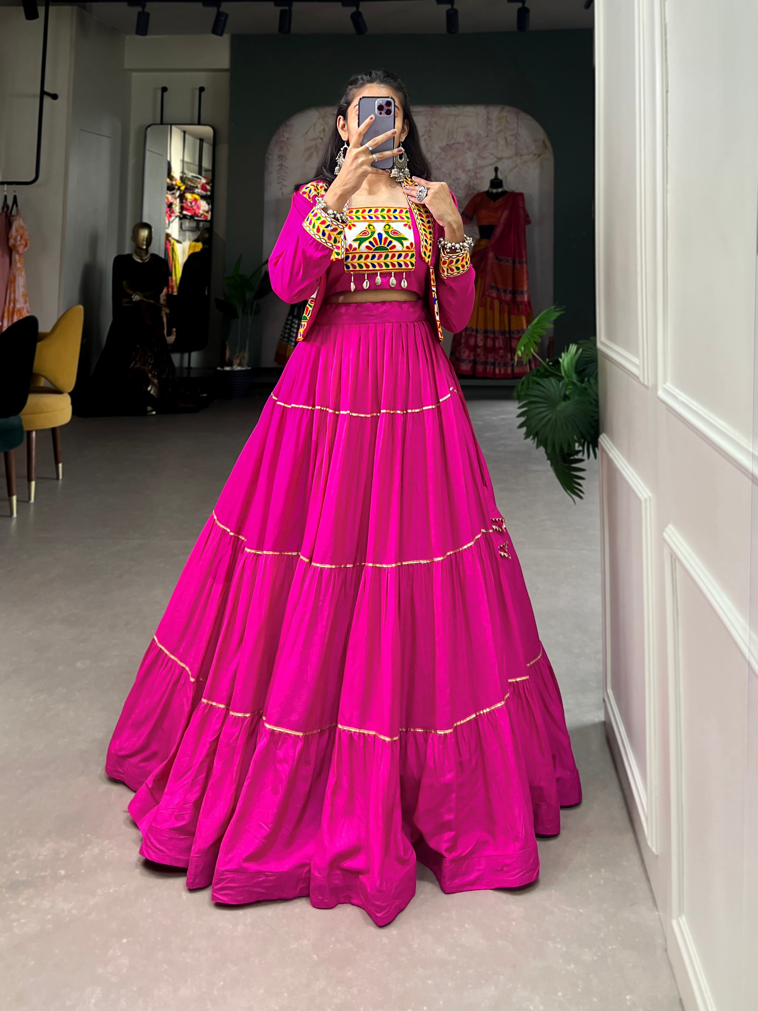 Lorenvalley Fashion Pink Pure Rayon Plain With Gota Patti Touch Up Lehenga Choli with Koti | Grocsy