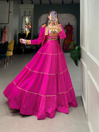 Lorenvalley Fashion Pink Pure Rayon Plain With Gota Patti Touch Up Lehenga Choli with Koti | Grocsy