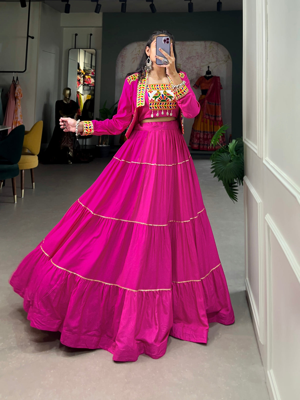 Lorenvalley Fashion Pink Pure Rayon Plain With Gota Patti Touch Up Lehenga Choli with Koti | Grocsy
