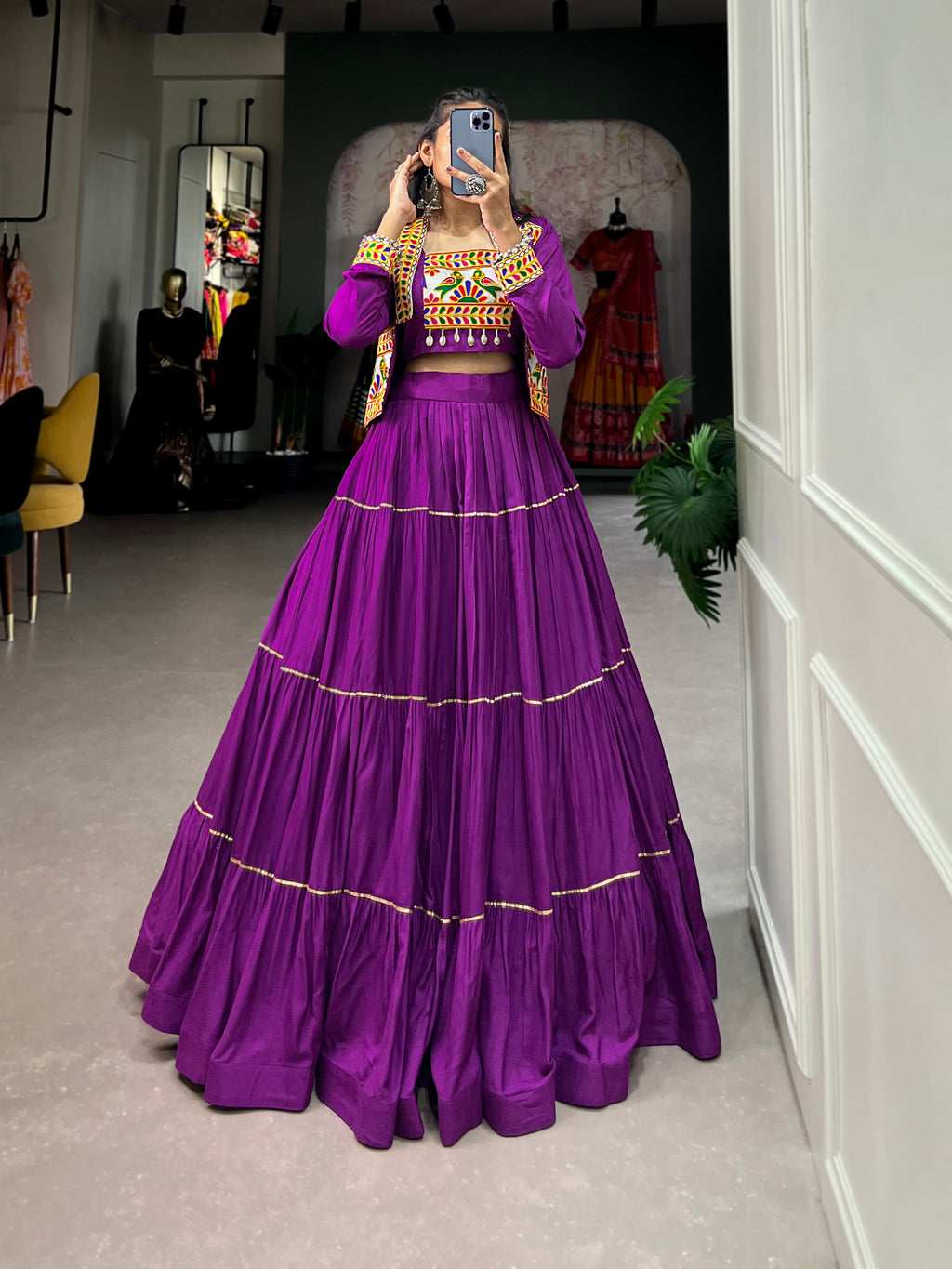 Lorenvalley Fashion Purple Pure Rayon Plain With Gota Patti Touch Up Lehenga Choli with Koti | Grocsy