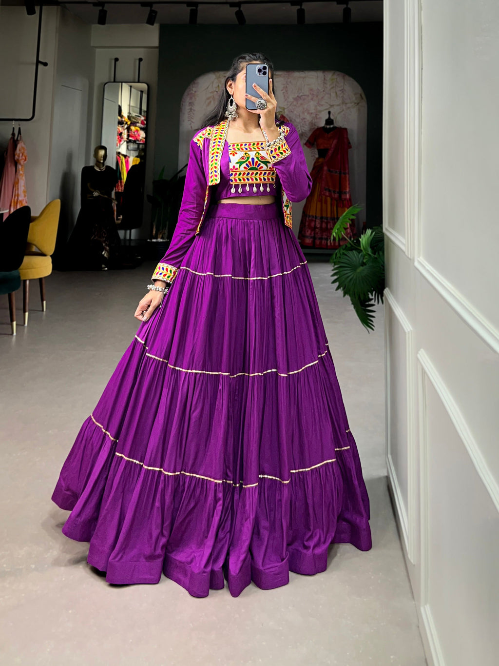Lorenvalley Fashion Purple Pure Rayon Plain With Gota Patti Touch Up Lehenga Choli with Koti | Grocsy