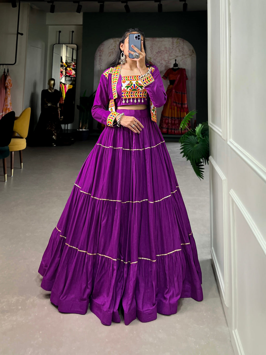 Lorenvalley Fashion Purple Pure Rayon Plain With Gota Patti Touch Up Lehenga Choli with Koti | Grocsy