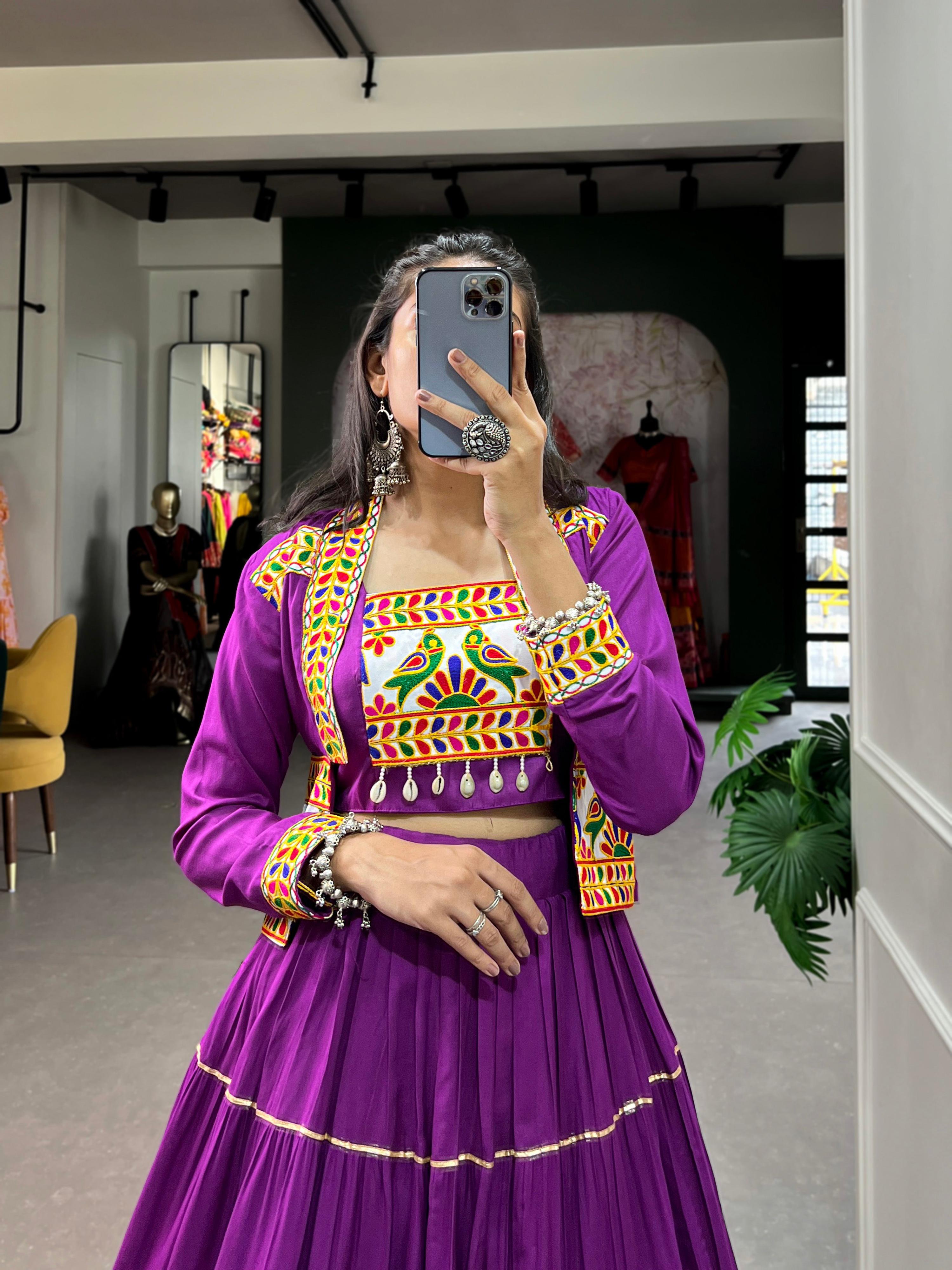 Lorenvalley Fashion Purple Pure Rayon Plain With Gota Patti Touch Up Lehenga Choli with Koti | Grocsy