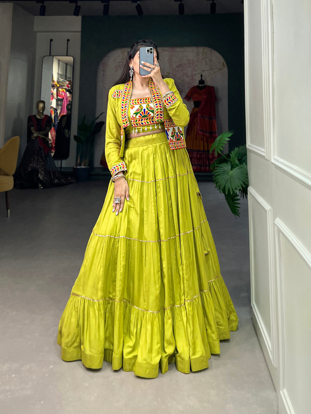 Lorenvalley Fashion Parotgreen Pure Rayon Plain With Gota Patti Touch Up Lehenga Choli with Koti | Grocsy