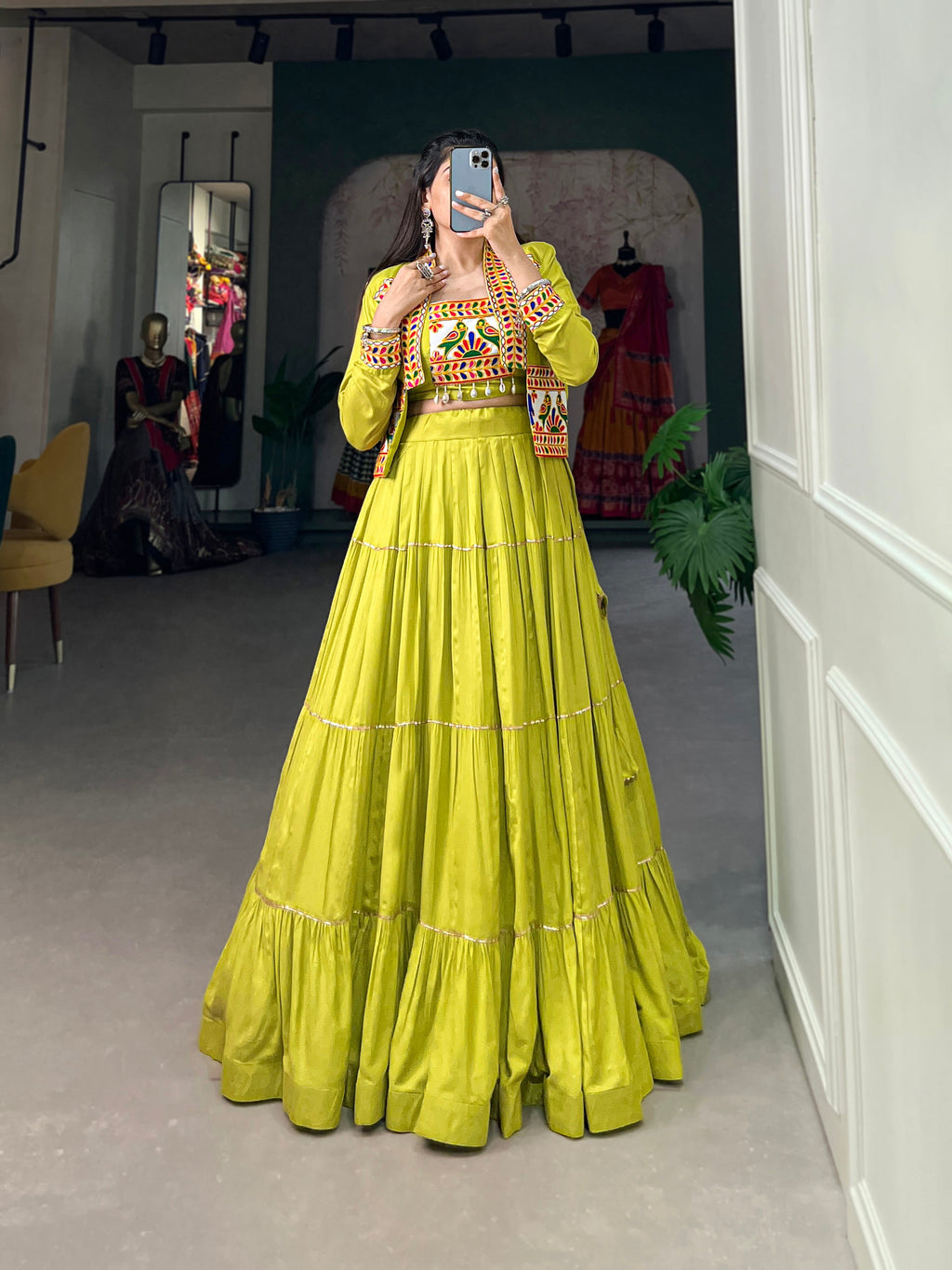 Lorenvalley Fashion Parotgreen Pure Rayon Plain With Gota Patti Touch Up Lehenga Choli with Koti | Grocsy