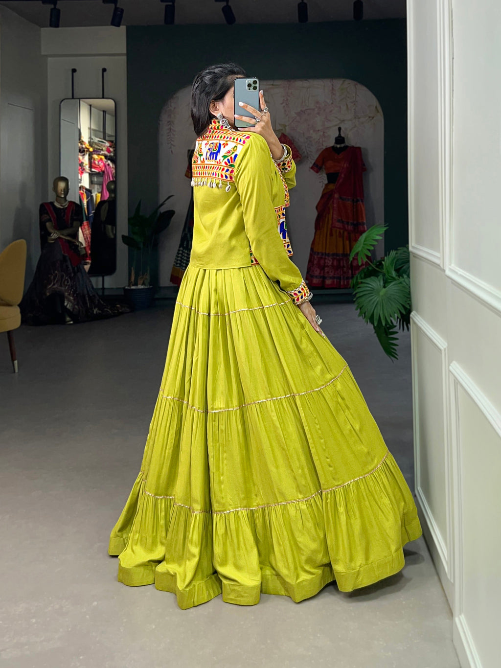 Lorenvalley Fashion Parotgreen Pure Rayon Plain With Gota Patti Touch Up Lehenga Choli with Koti | Grocsy