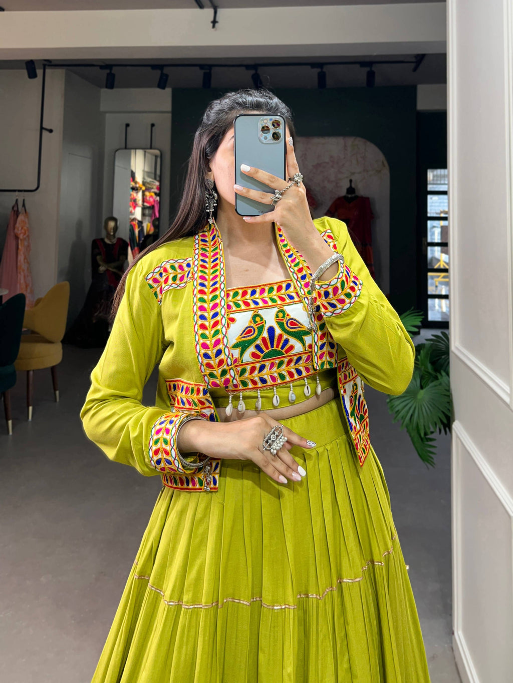 Lorenvalley Fashion Parotgreen Pure Rayon Plain With Gota Patti Touch Up Lehenga Choli with Koti | Grocsy