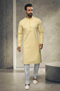 Raivat Ethnic Cotton Printed Work Kurta Pajama In Yellow Colour | Grocsy