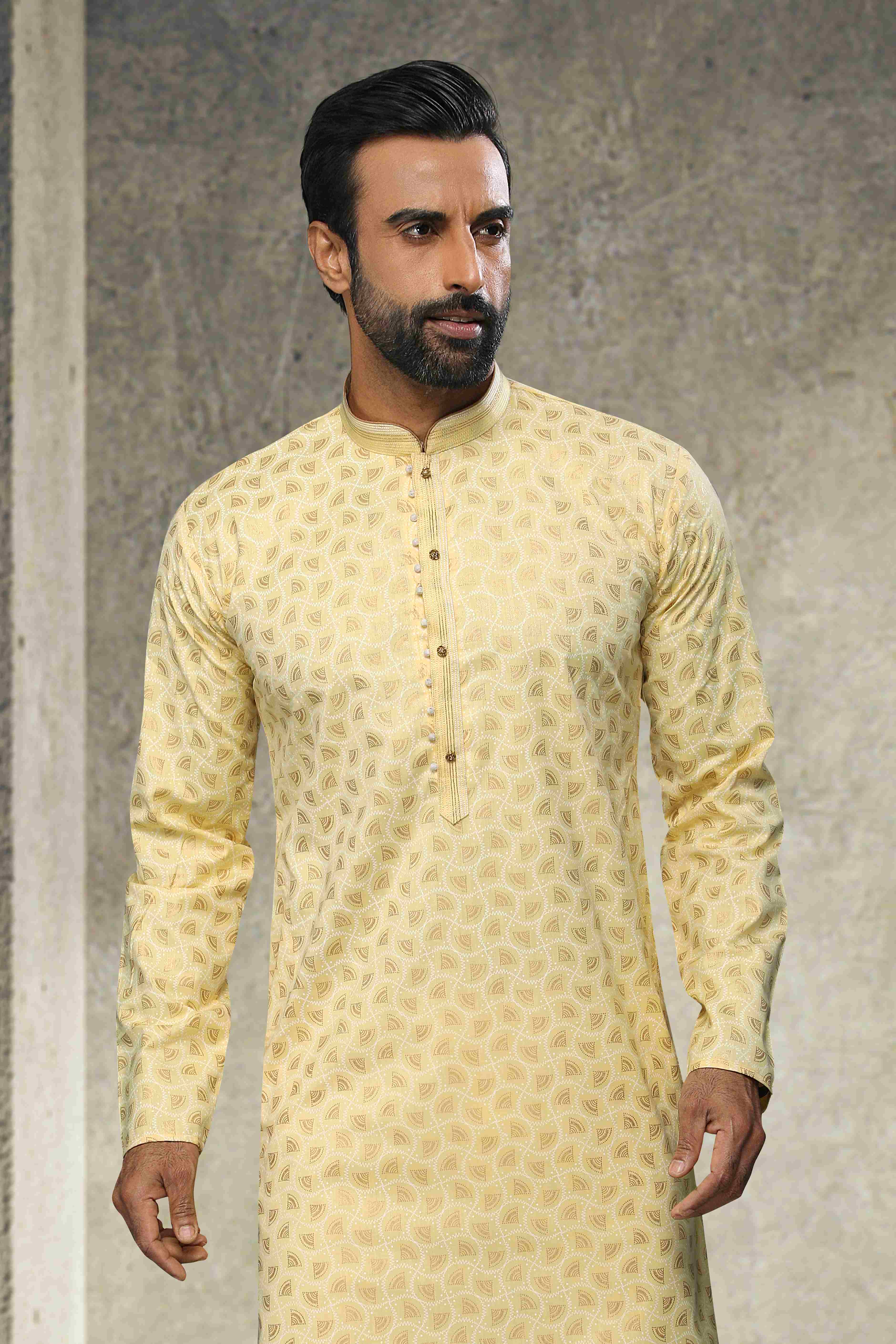 Raivat Ethnic Cotton Printed Work Kurta Pajama In Yellow Colour | Grocsy