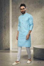 Raivat Ethnic Cotton Printed Work Kurta Pajama In Sky Blue Colour | Grocsy
